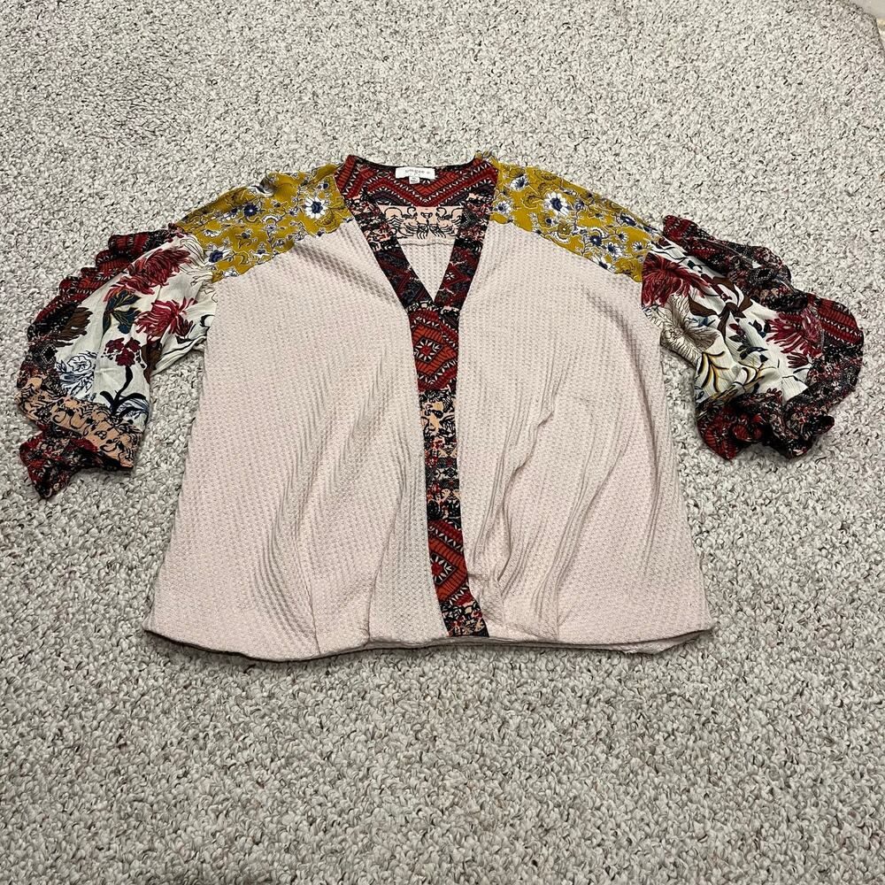 Umgee Waffle Knit Ruffle Sleeve Blouse Sz XL Floral Boho Feminine Casual